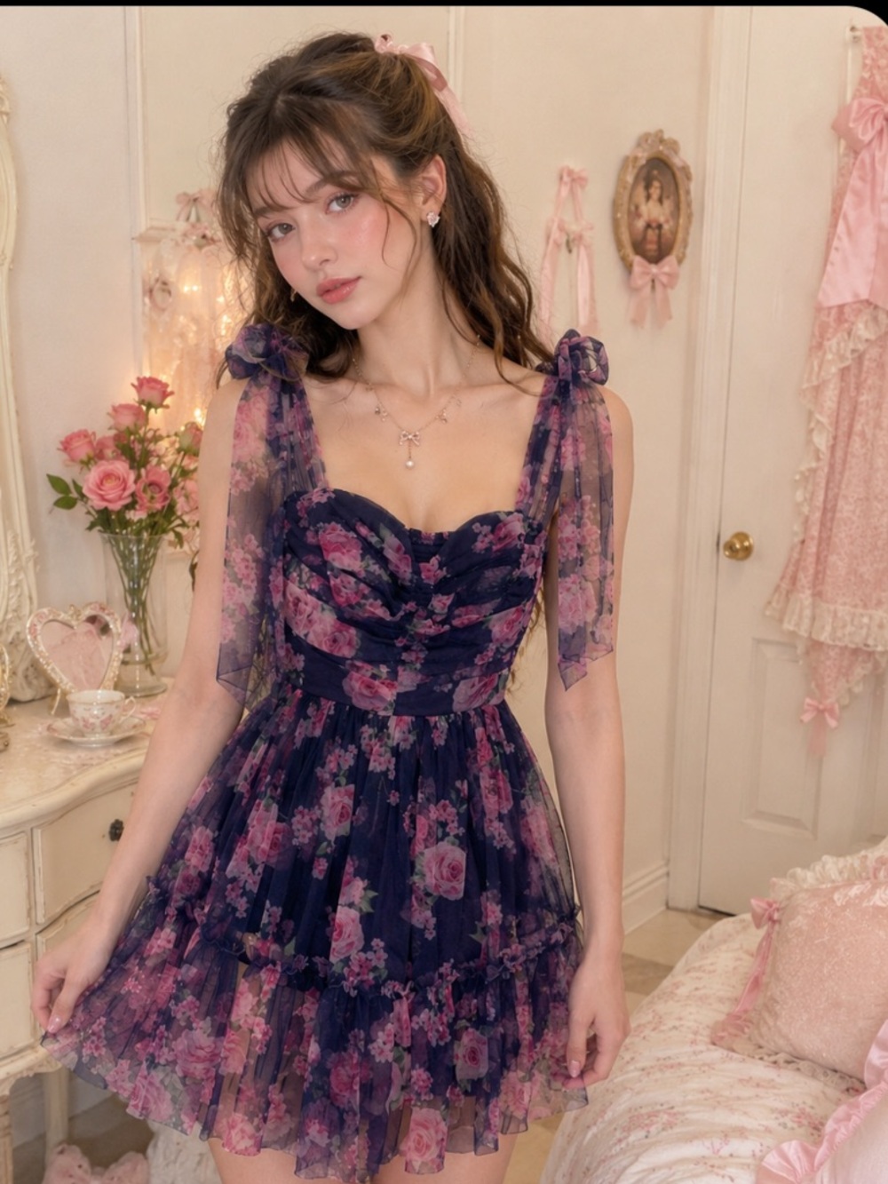 B. Darlin Navy Pink Floral Mesh Mini Dress Tie Shoulder Size 5/6